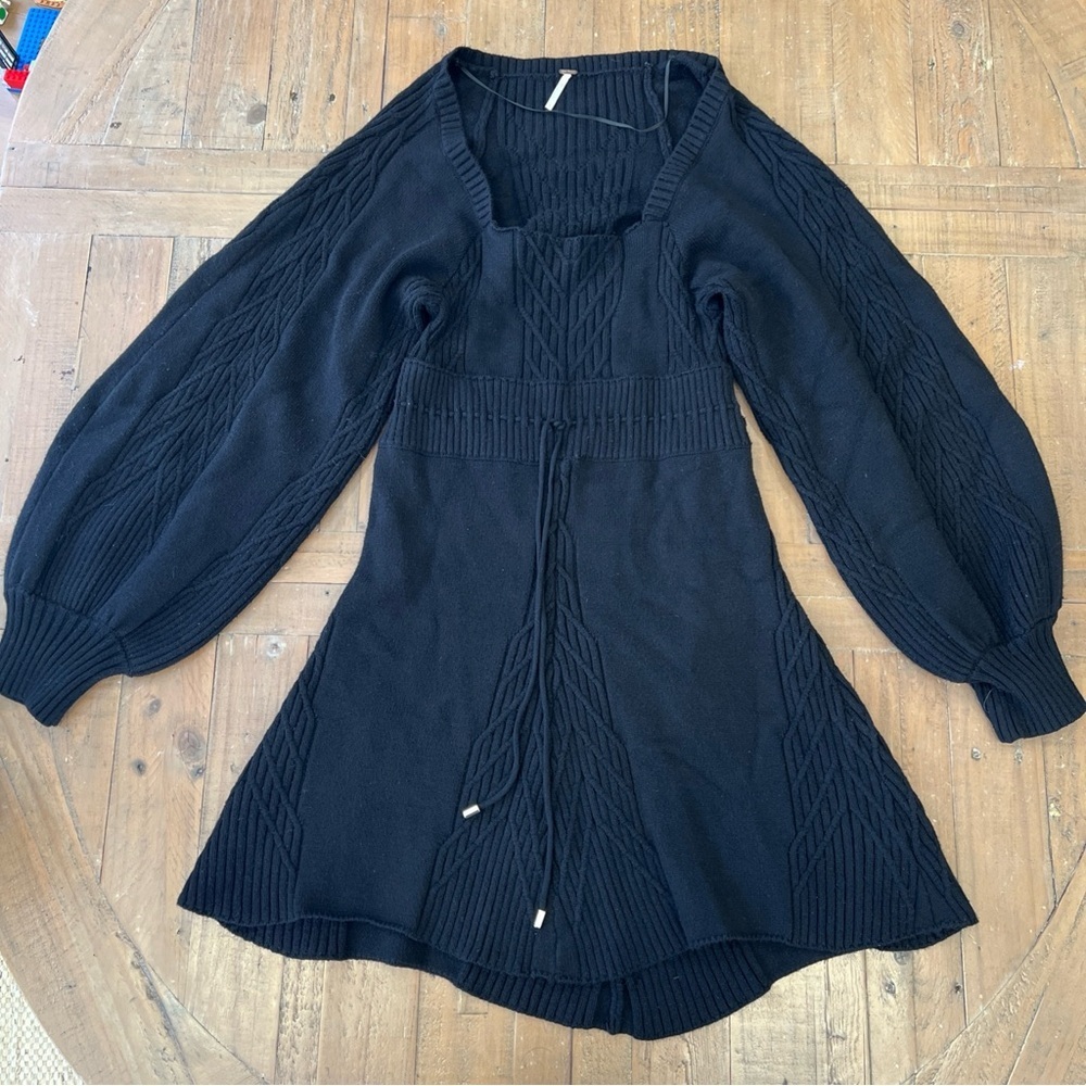 Free People Women's Large Black Emmy Mini Sweater Dress Ribbed Open Back Knit - Picture 2 of 12